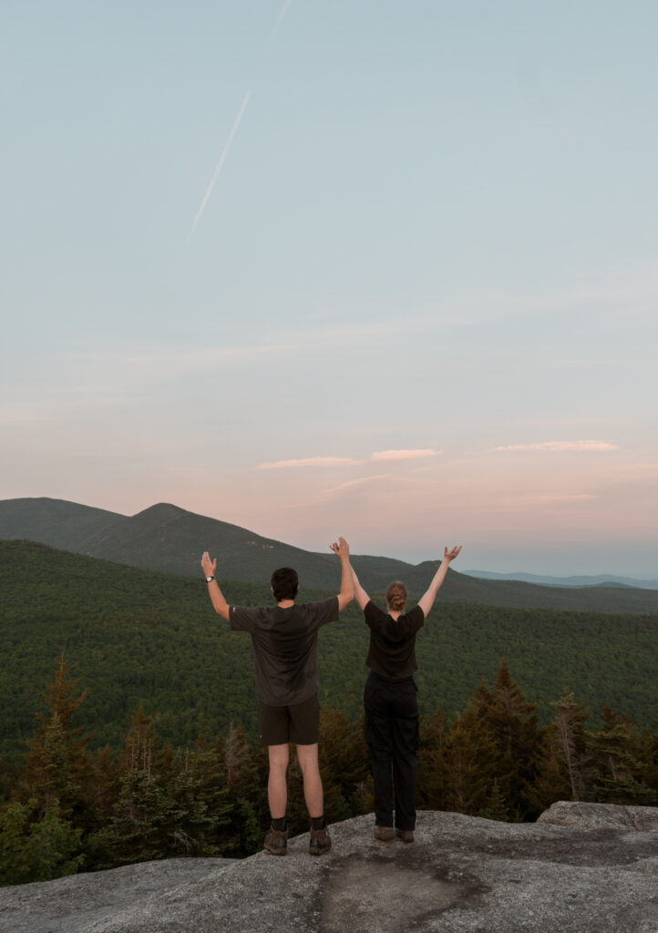 Bride and Groom made it to the top of the hiking trail for their sunrise white mountain elopement